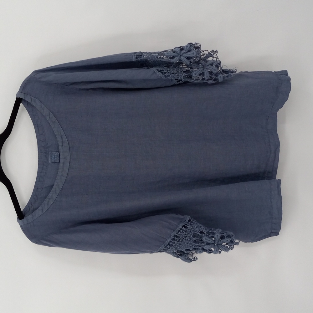 Laguenlook Boho Linen Blouse Boat Neck 3/4 Sleeves Crochet Floral by 120% Linen